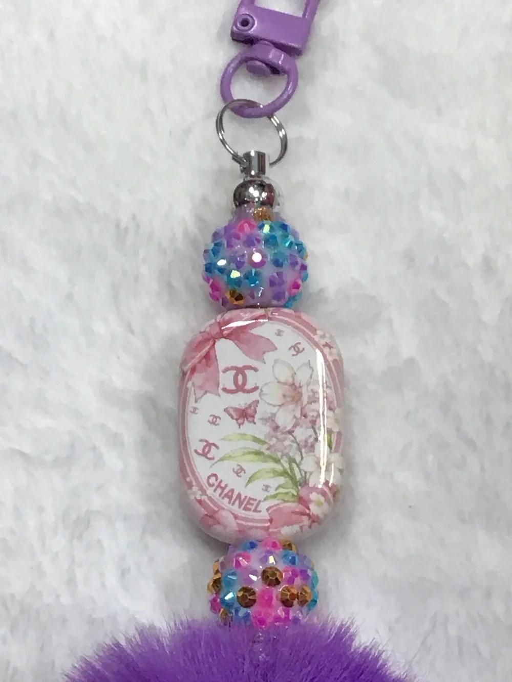 CHANEL Purple Pom Pom Key & Card Holder Charm